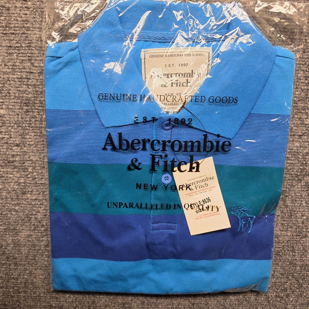 NWT Abercrombie & Fitch Mens Polo Shirt Medium Blue Teal Striped Moose Logo 8636